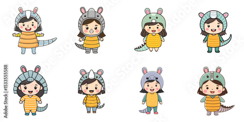 Multiple vector illustrations, girl wearing armadillo costume

