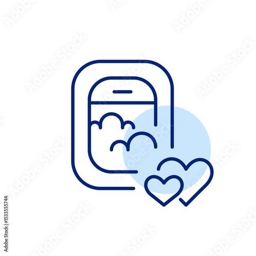 Airplane window with clouds and hearts. Romantic travel. Honeymoon vacation. Best holiday destinations. Pixel perfect, editable stroke icon