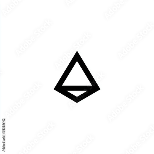 A minimalist geometric design featuring a black, truncated diamond shape on a white background.  The lines are bold and simple