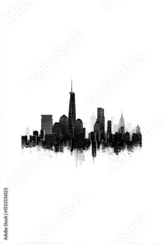 Monochrome cityscape silhouette, rendered in a painterly, slightly abstract style, showcasing a cluster of skyscrapers against a white background