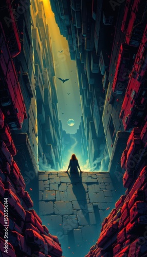 Silhouette of a Woman Gazing at a Futuristic Cityscape in Pixel Art