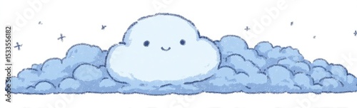 A happy, cartoon cloud smiles, nestled amongst a cluster of smaller, fluffy clouds; tiny sparkles surround it