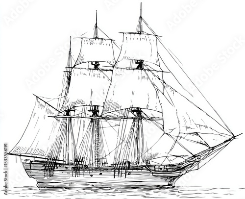 Detailed line drawing of a three-masted sailing ship with full sails, depicted in profile view, suggesting speed and grace