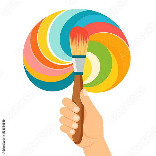 Hand Holding Paintbrush with Vibrant Rainbow Swirls Design