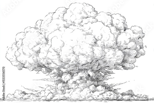Detailed pen-and-ink drawing of a massive, billowing mushroom cloud, rendered in grayscale, suggesting a powerful explosion or eruption