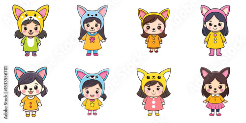 Multiple vector illustrations, girl wearing Chow Chow dog costume

