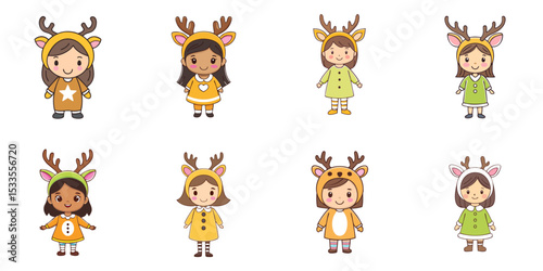 Multiple vector illustrations, girl wearing deer costume

