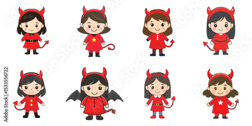 Multiple vector illustrations, girl wearing devil costume

