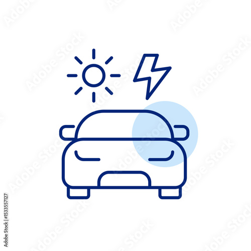 Car, sun and lightning. Alternative fuel sources. Renewable energy, electricity power. Sustainable eco-friendly living. Pixel perfect, editable stroke icon