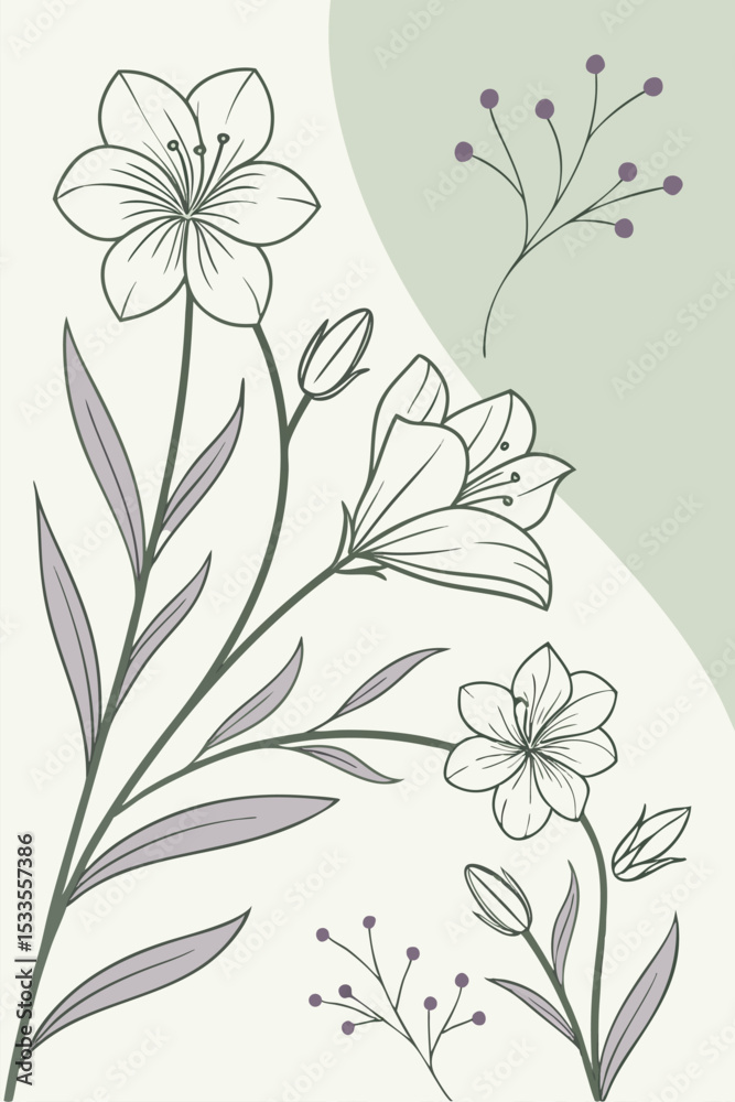 Fototapeta premium Minimalist vector-style floral background in pastel tones, soft green and lavender colors, seamless pattern with line-drawn flowers and delicate stems