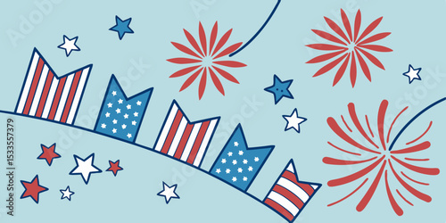 4th of July decorations on a blue background flat lay  vector illustration.
 