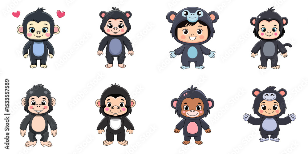 Naklejka premium Multiple vector illustrations, girl wearing gorilla costume