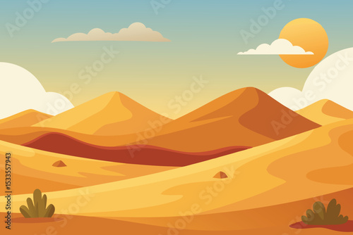 Graphic Vector Illustration of a Desert View with Natural Sand Curves and Fading Sunlight