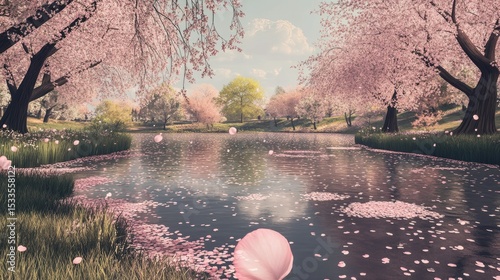 Serene pond, pink petals, blossoming trees, spring scene.