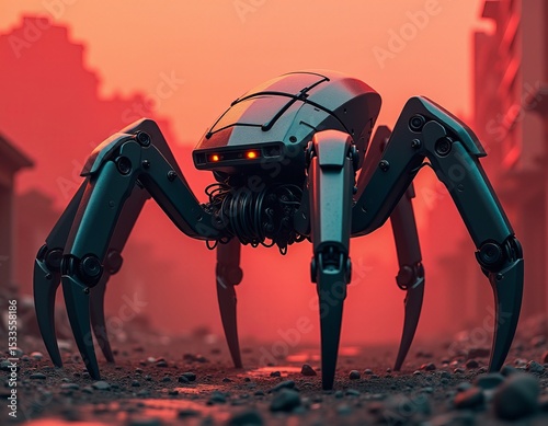 Futuristic Spider-Like Droid Exploring a Desolate City Street under Red Light