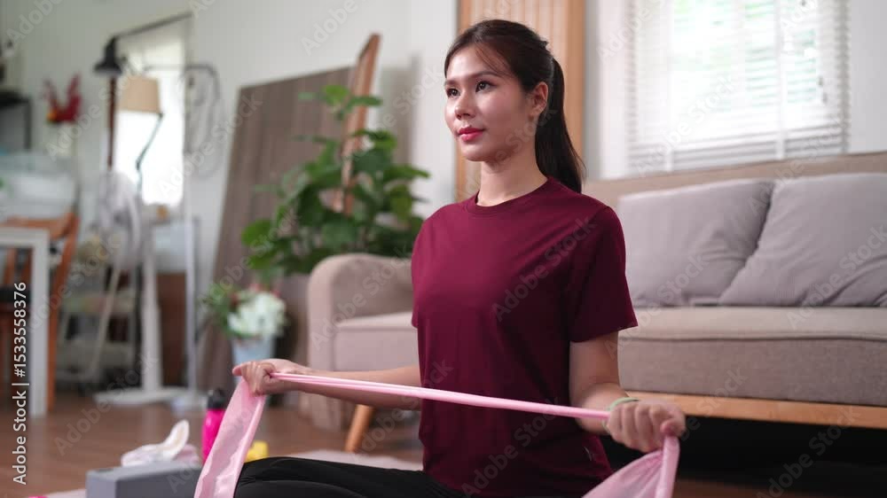 Asian woman practicing resistance band shoulder stretch, improving upper body flexibility and strength