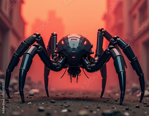 Futuristic Spider-Like Droid Exploring a Desolate City Street under Red Light