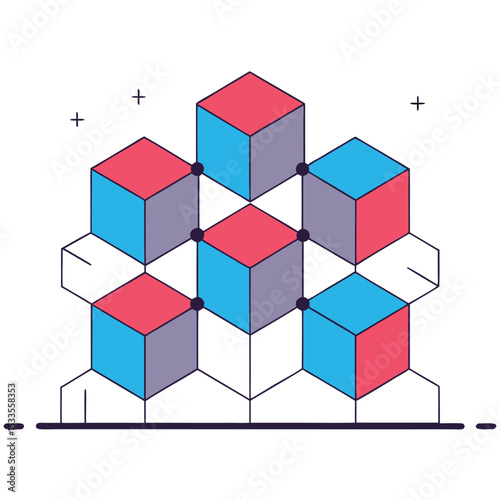 Isometric view of a pyramid made of red and blue cubes connected by black lines, white background