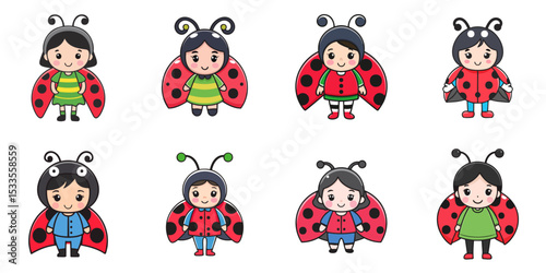 Multiple vector illustrations, girl wearing ladybug costume

