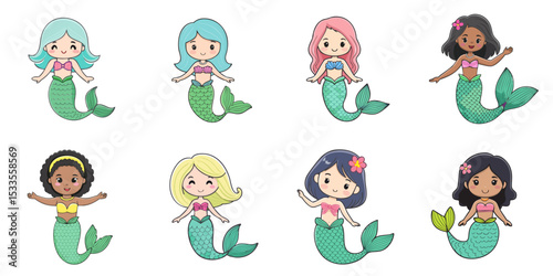 Multiple vector illustrations, mermaid girl


