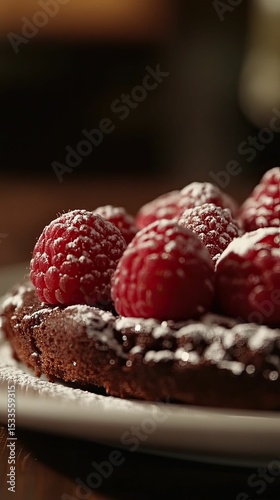 Chocolate dessert, sugared berries, powdered sugar topping.