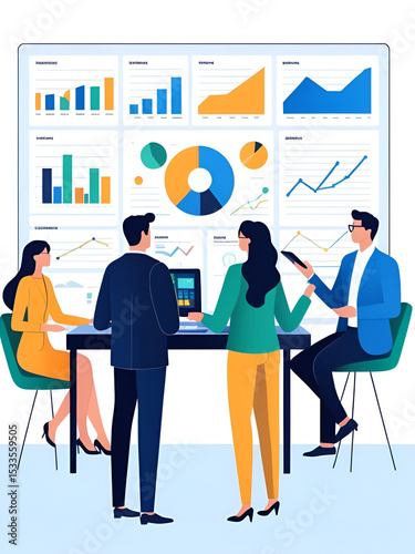 2D minimalize vector as Business team collaborating on a marketing strategy concept as A vector illustration of a business team collaborating on a marketing strategy using digital tools and charts sho