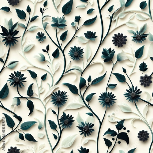 Seamless 3D floral pattern with dark blue and light green foliage, creating a dynamic and elegant botanical design on a cream background.