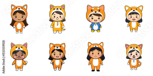 Multiple vector illustrations, girl wearing Shiba Inu costume

