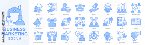 Business Marketing icon set vecvtor Blue Style strategy, collateral, niche market, b2c, pricing, crm, demographic, affiliate marketing, public relation, product, engagement, sponsorship