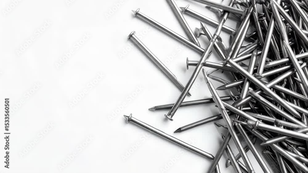 Close-up of shiny metal nails scattered across white surface, depicting building and construction materials ready to be used.