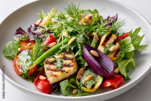 Grilled halibut salad with mixed greens, vegetables and pesto dressing