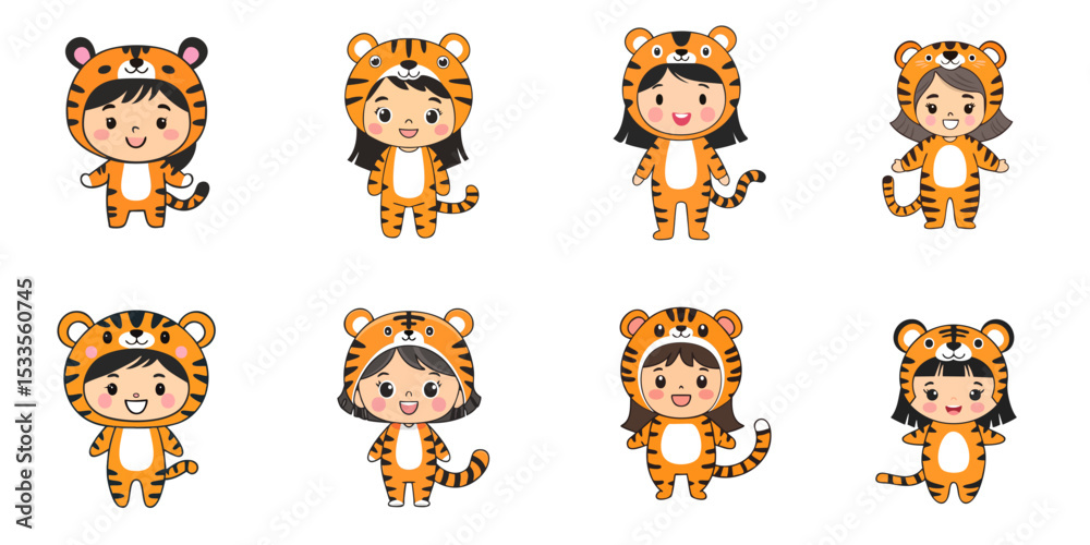 Obraz premium Multiple vector illustrations, girl wearing tiger costume
