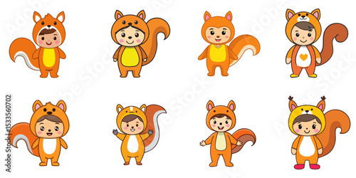 Multiple vector illustrations, girl wearing squirrel costume

