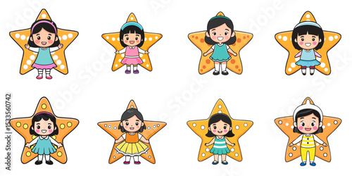 Multiple vector illustrations, girl wearing starfish costume

