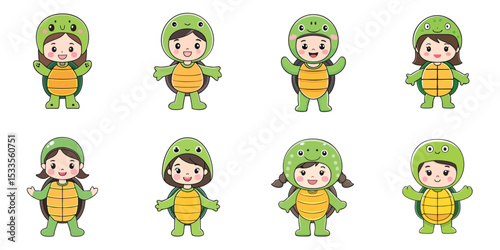 Multiple vector illustrations, girl wearing turtle costume

