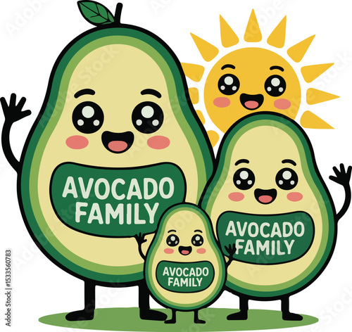Avocado Family A charming illustration showcasing a happy avocado family basking in the sunshine