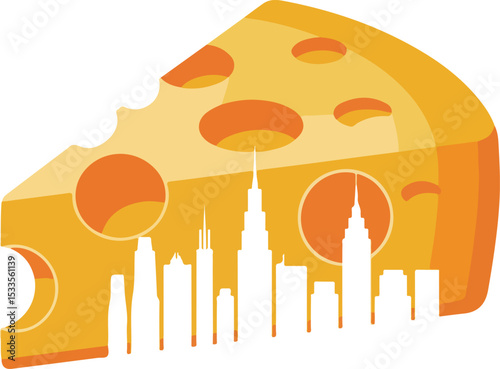 Urban silhouette within a slice of cheese