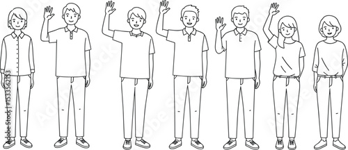 Vector illustration of diverse group of young people waving hands, casual clothing, front view, hand drawn line art style