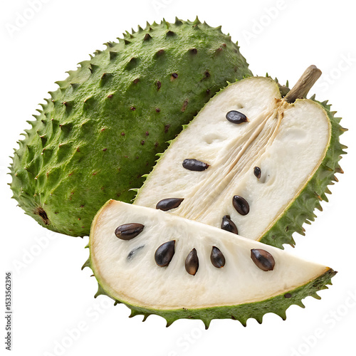 Fresh green spiky soursop fruit with a cross-section revealing white pulp and black seeds