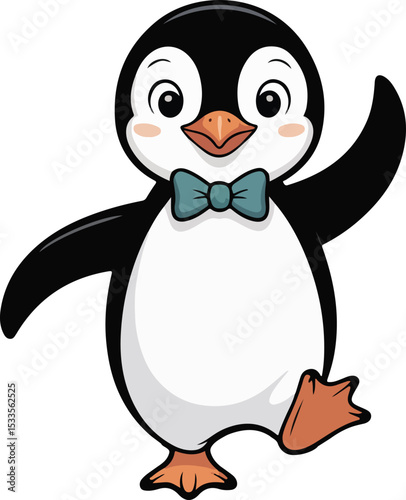 Penguin adorned with a bow tie, joyfully waving its wing