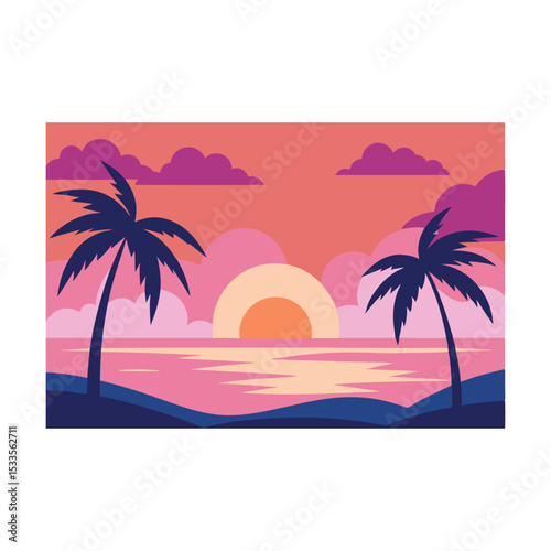 Tropical island beach vector illustration with palm trees, summer sun, and ocean sunset