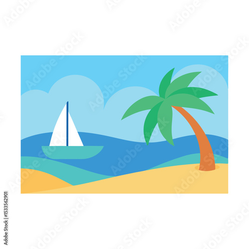 Tropical summer beach vector illustration with palm trees, island, ocean water, and sun for your travel vacation design landscape