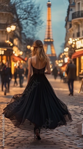Woman in black gown walks away, city lights, tower backdrop.
