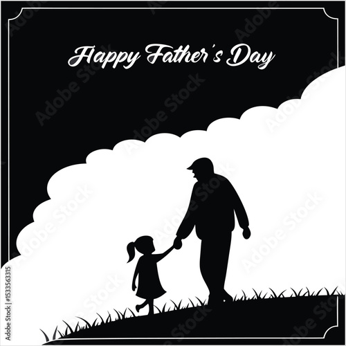 Silhouette of Dad and Daughter Holding Hands Walking on Grass Hill with Happy Father's Day Message , ai generator
