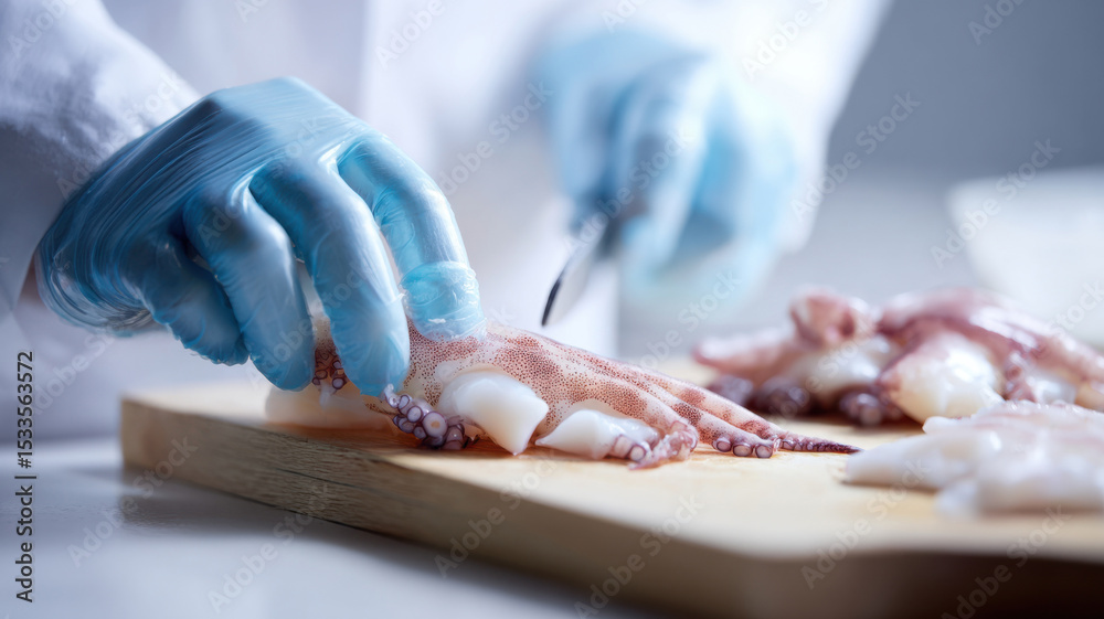 Obraz premium Gently placing raw squid on cutting board
