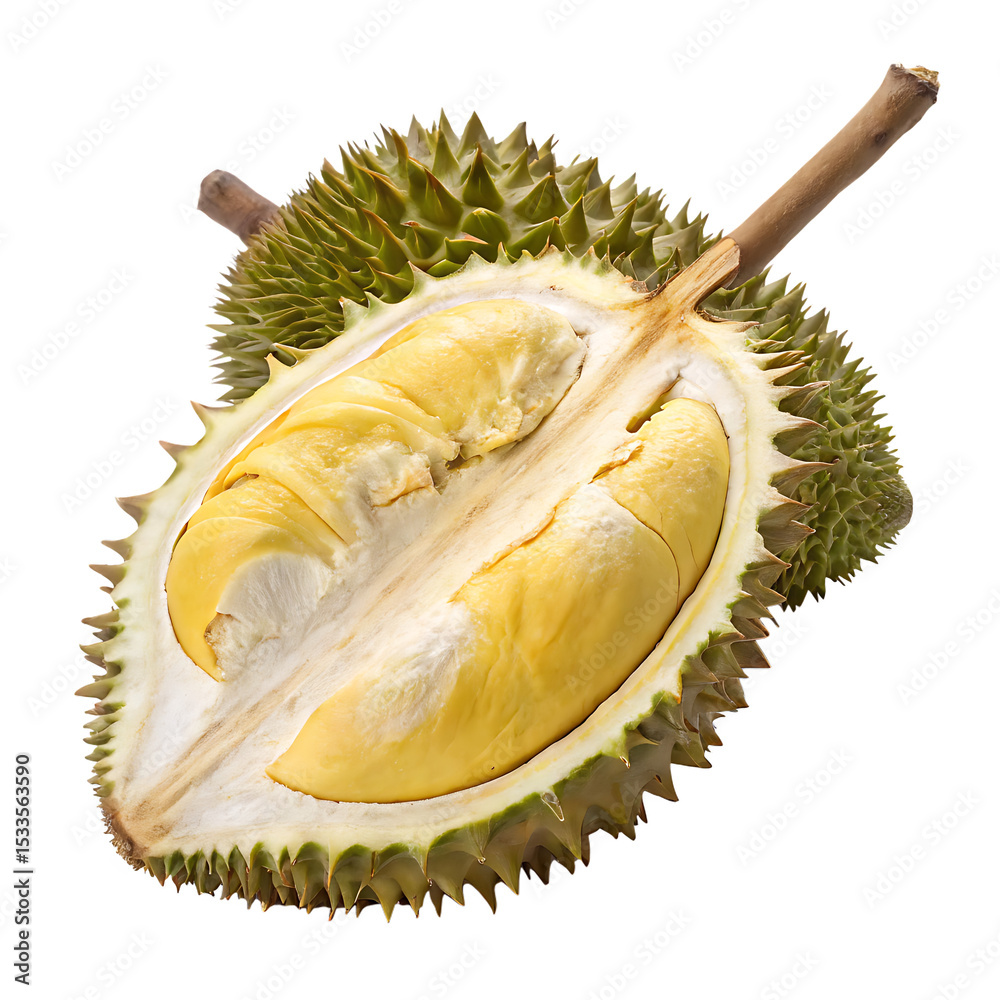 Fototapeta premium Fresh Durian Fruit Cut Open to Reveal Creamy Texture and Rich Yellow Flesh, Green Spiky Outer Shell