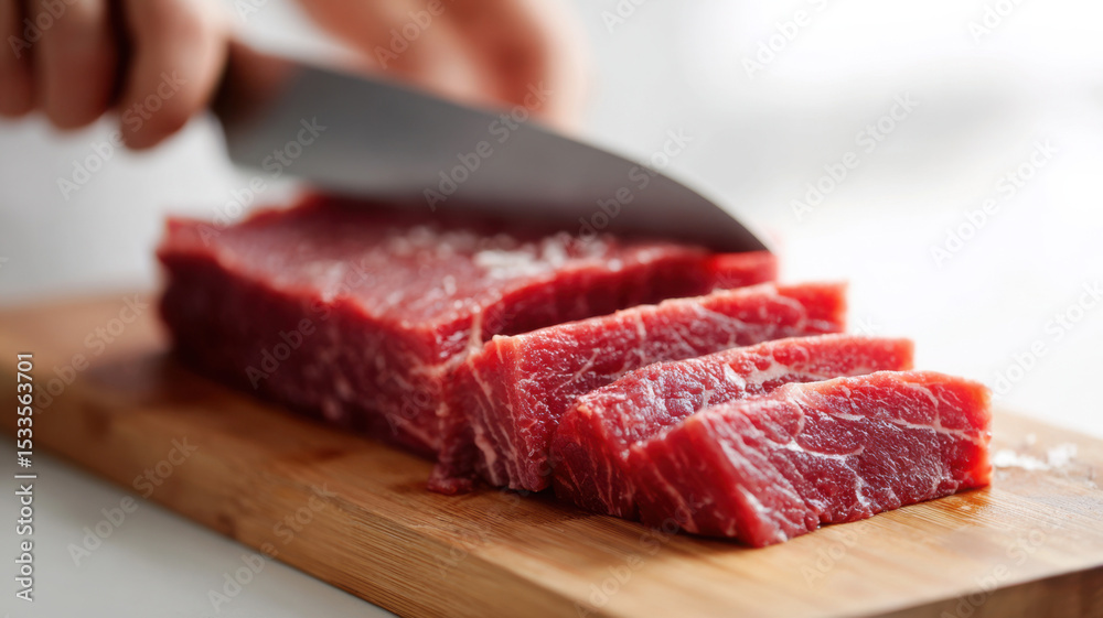 Fototapeta premium Gently slice placing raw beef on cutting board