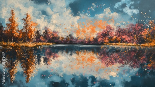 Autumnal trees reflected in tranquil water.