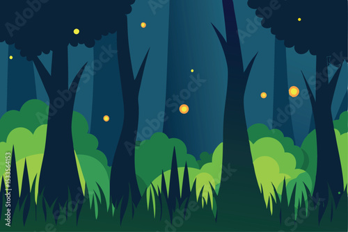 Night vector illustration of a magical forest landscape with trees under a starlit moonlit sky, capturing the beauty of nature