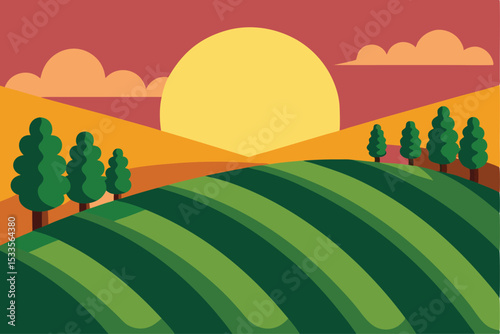 Vector illustration of a summer rural landscape with green trees, hills, and a blue sky with clouds